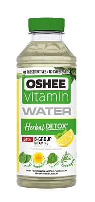 OSHEE Vitamin Water Detox & Herbal 555 ml, ochucená voda  s extrakty estragonu, máty, pampelišky, kopřivy a s vitaminy řady B,exspirace: 08.05.2024